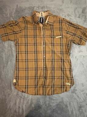 Billabong Men XL Slim Fit Brown Plaid Short Sleeve Button Down Shirt Floral